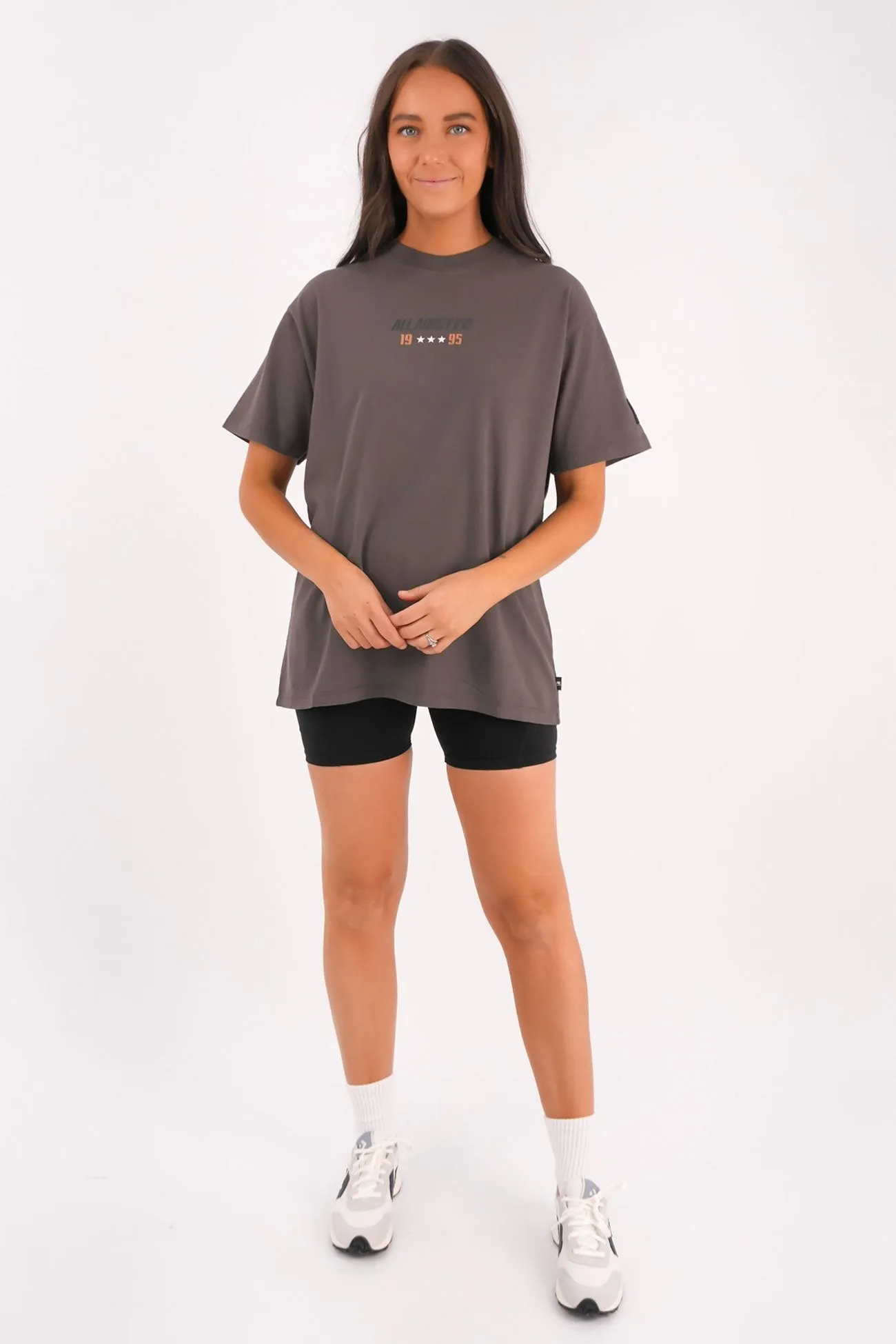 Performance Oversized Tee Charcoal Breathable mesh panel Oeko Tex Certified