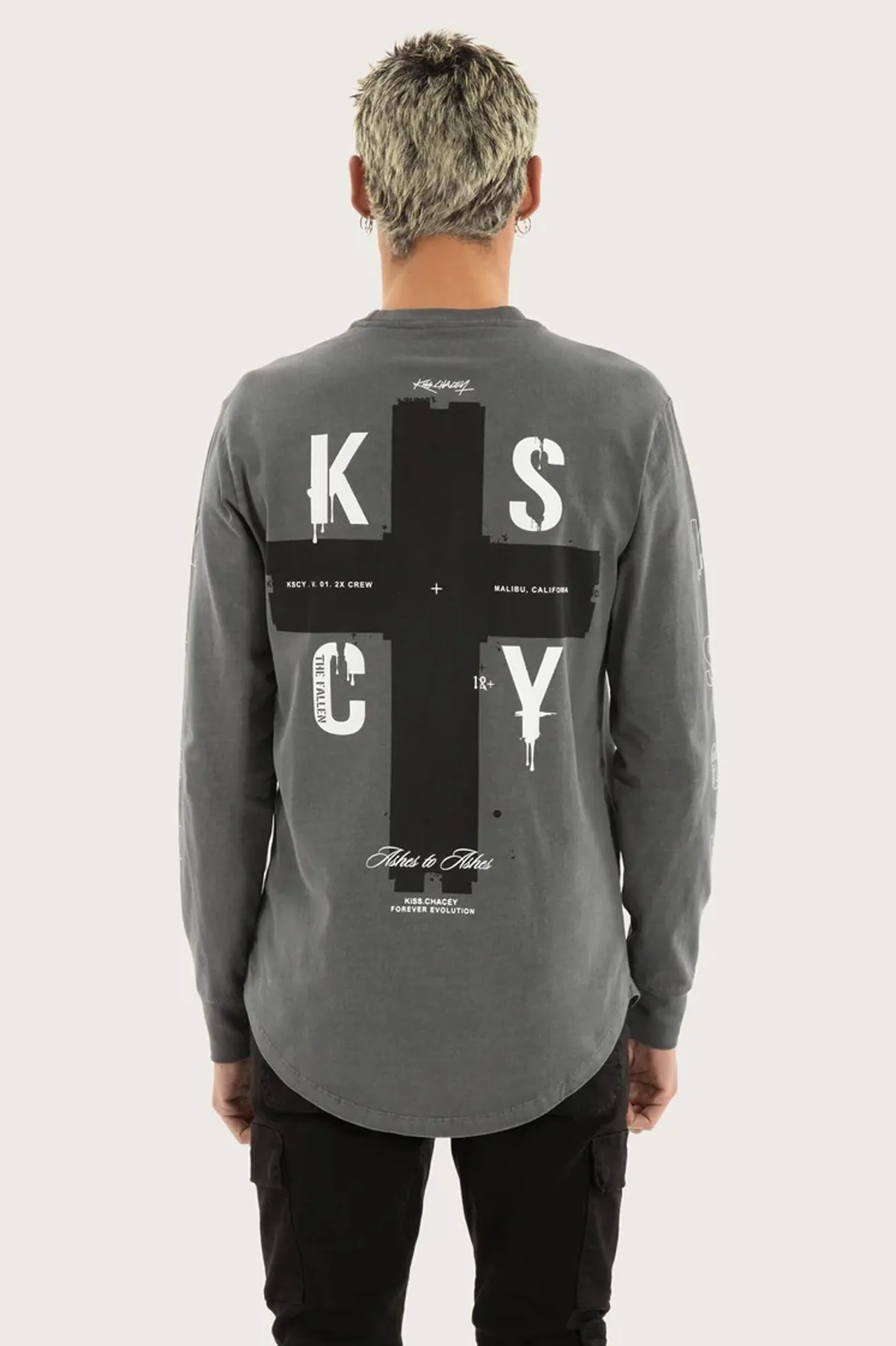 Cautious Dual Curved Long Sleeve Tee Pigment Charcoal Low Impact Dye