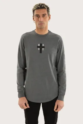 Cautious Dual Curved Long Sleeve Tee Pigment Charcoal Office Casual