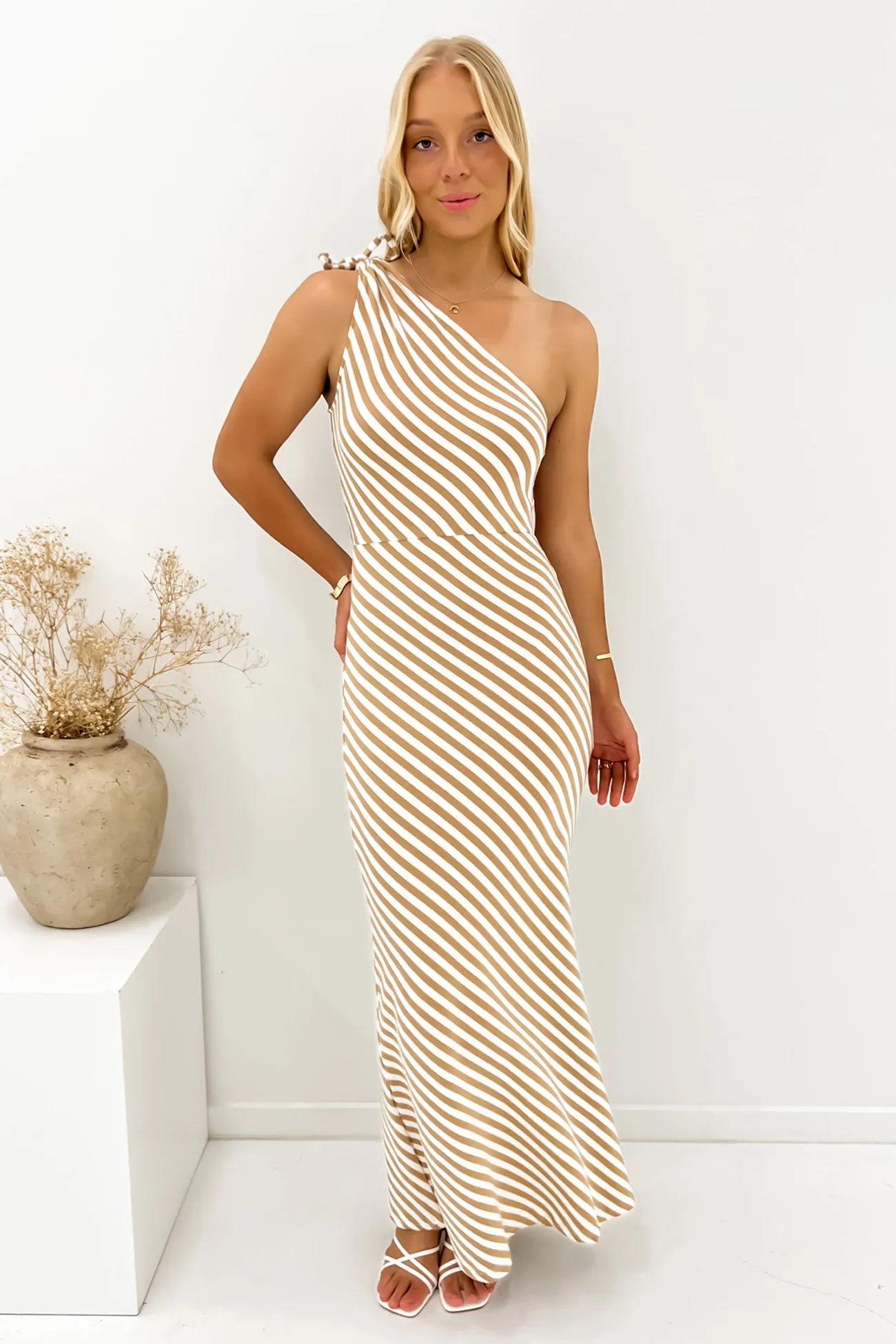 Office Classic Light Bow Ellis Maxi Dress Tan Stripe