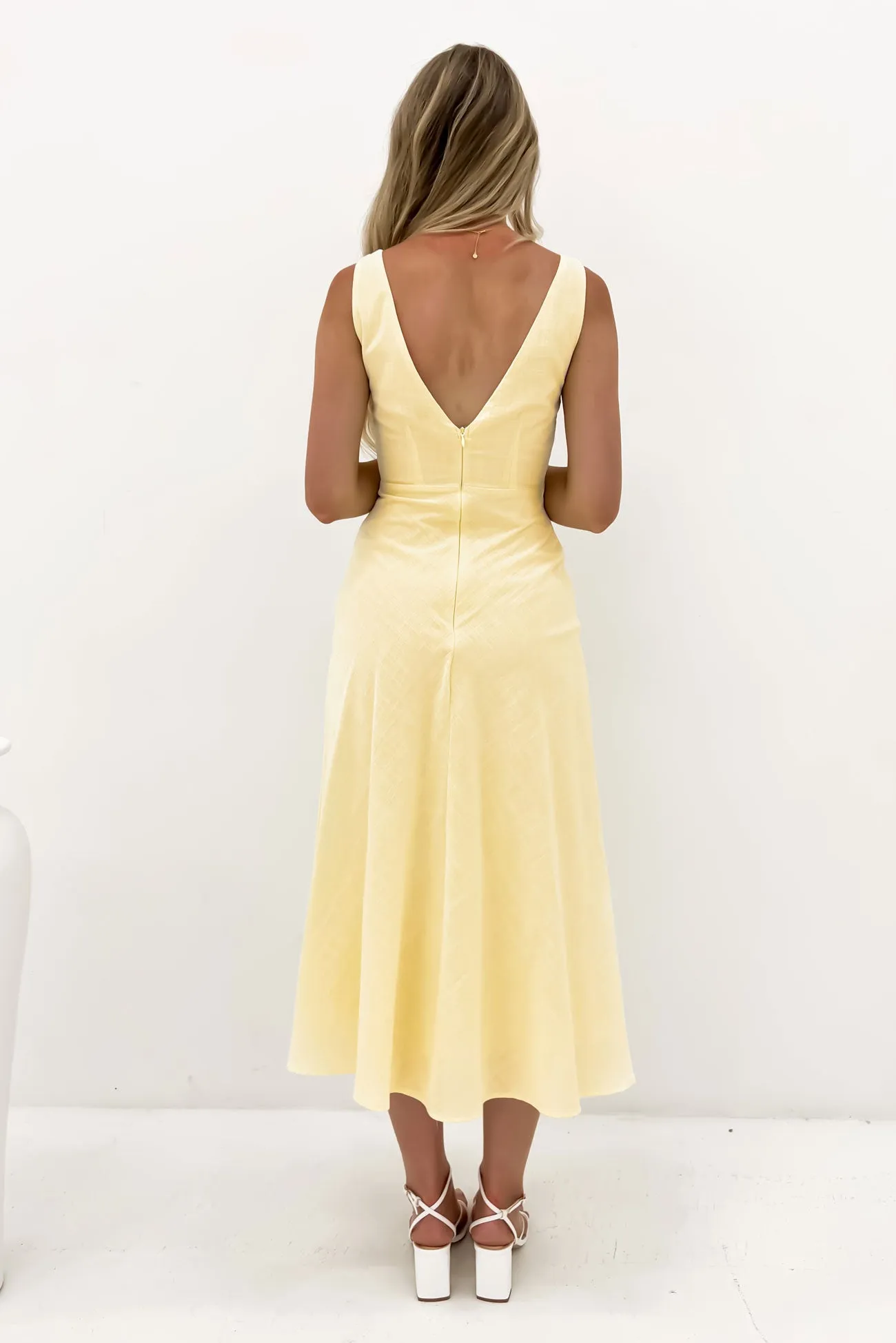 Wystan Midi Dress Yellow Modern and Feminine Dropped-Waist