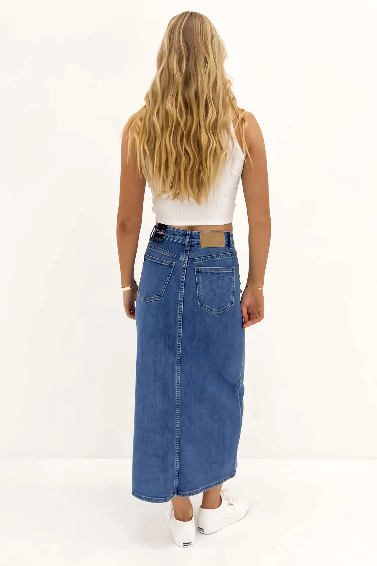 Eva Comfort Maxi Skirt Mid Blue Stretch Material Smooth Look