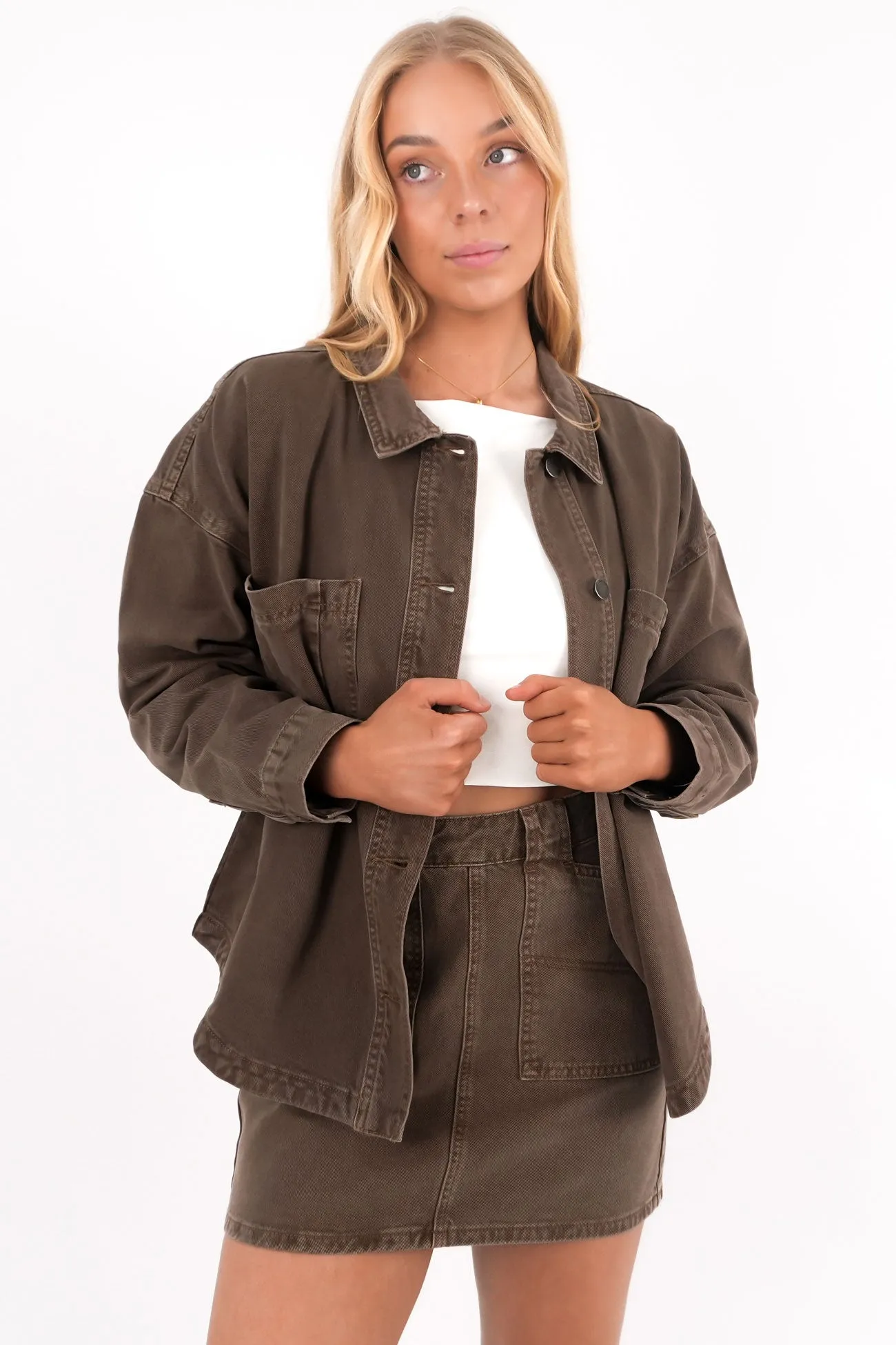 Dale Shacket Cocoa Static Dissipating Threading Cold Ready Look