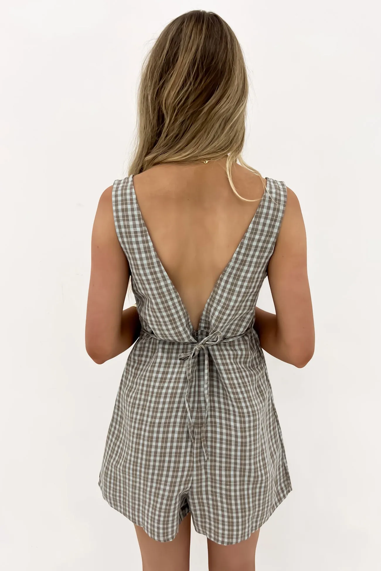 Claire Plaid Romper Dark Khaki Casual Retro
