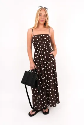 Clarissa Midi Dress Chocolate Polkadot Balanced Tones Delicate Finish