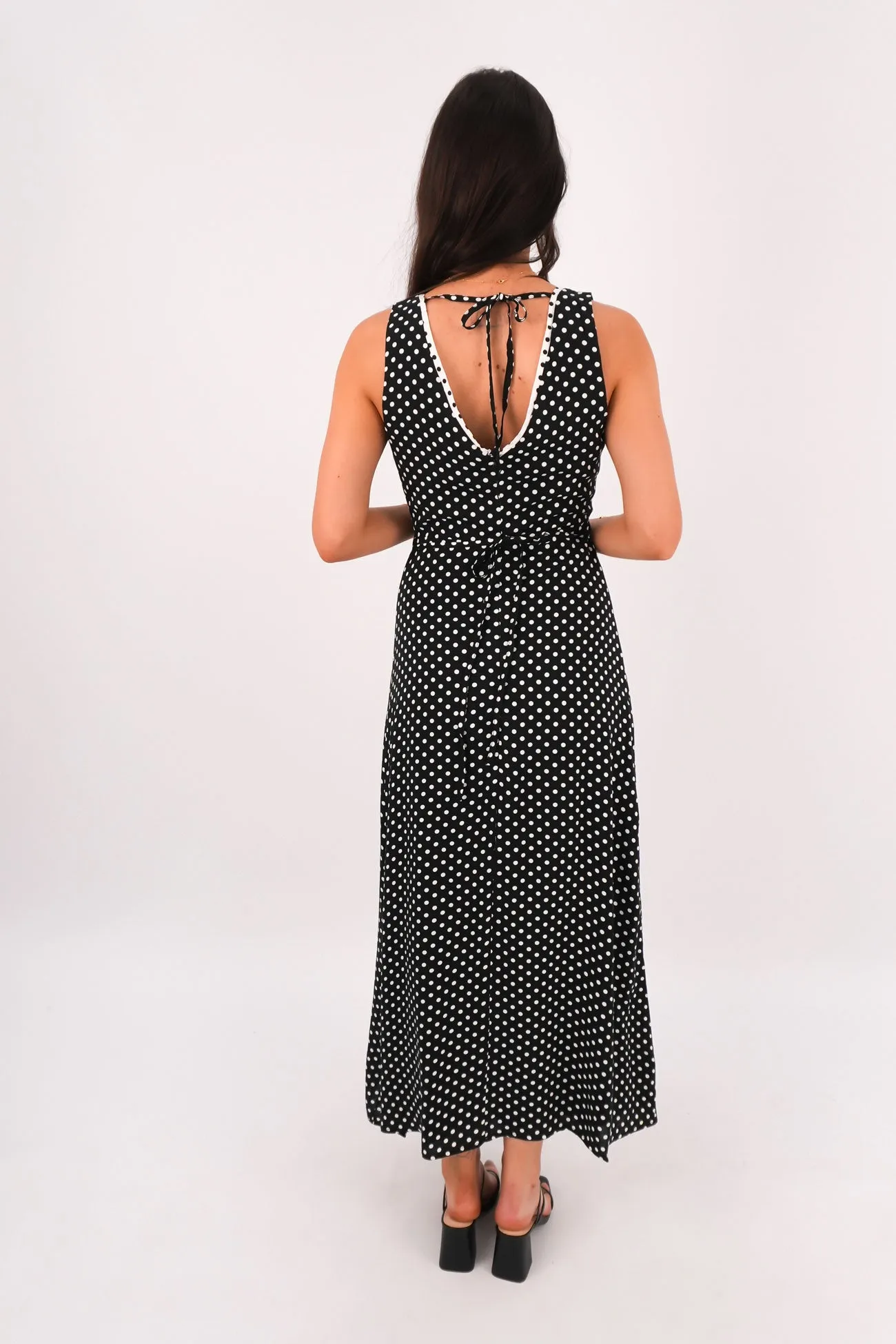 Halia Maxi Dress Black Polka Dot Structured Fit Perfect Layer