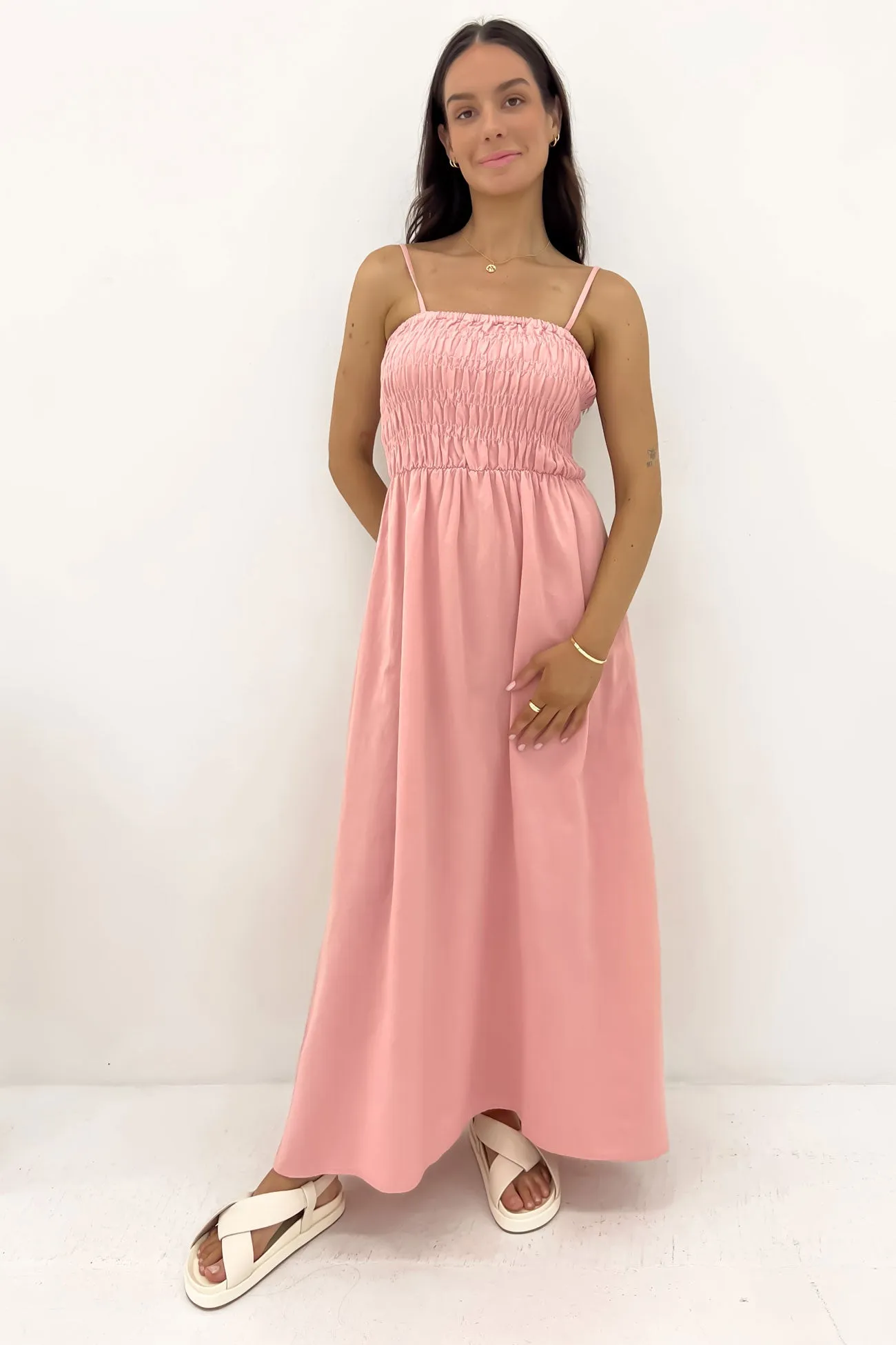 Classic Shirred Midi Dress Rose Timeless Vibe All Fit Style