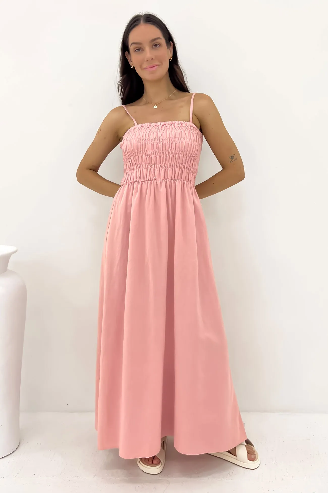Gift-Worthy Invisible-Zip Classic Shirred Midi Dress Rose