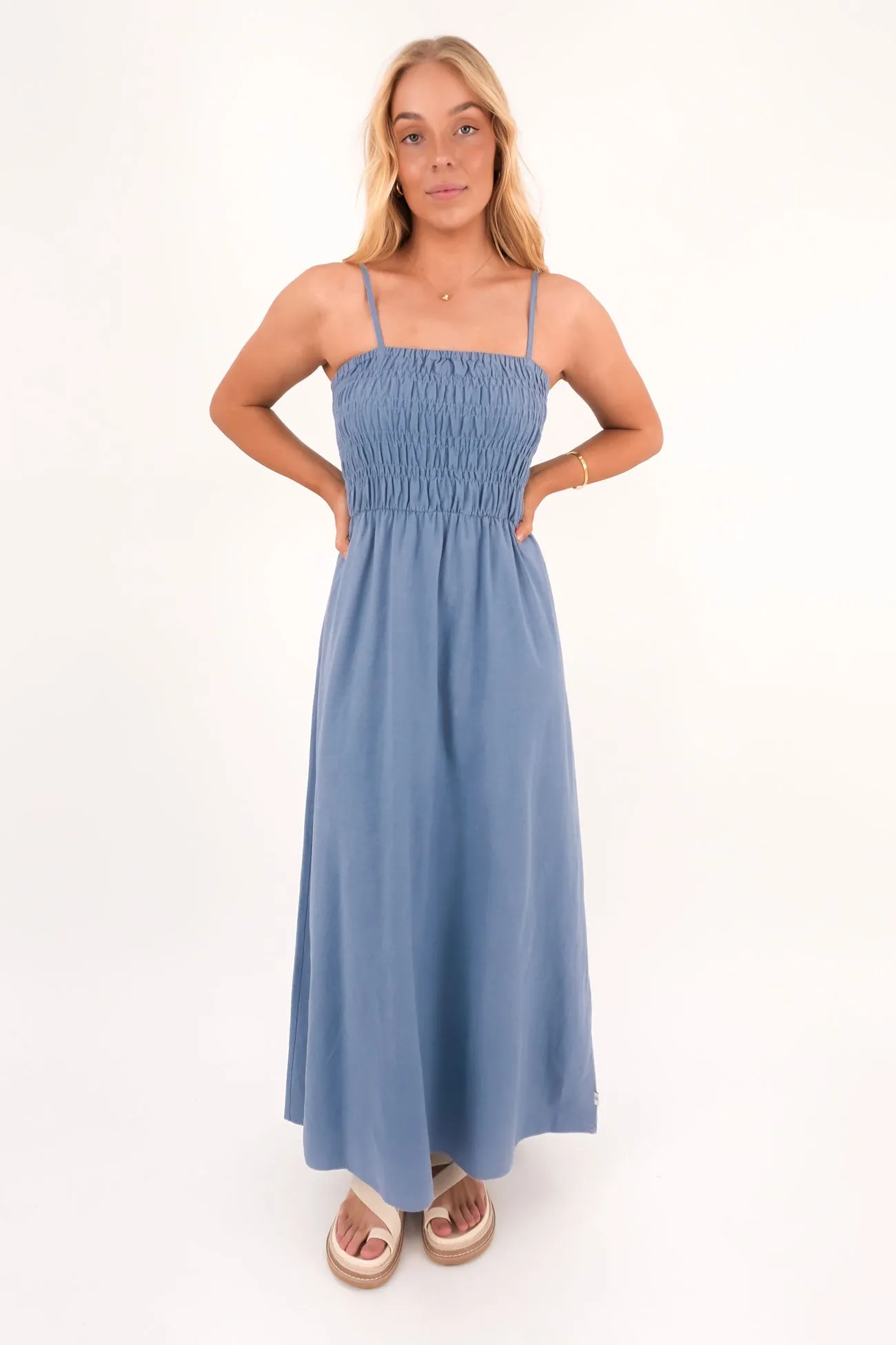 Comfort First Classic Shirred Midi Dress Steel Blue