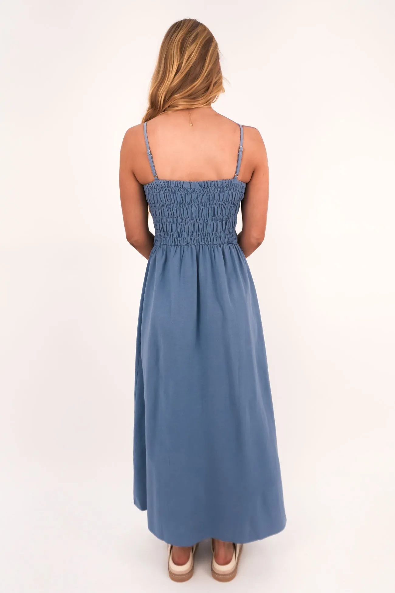 Classic Shirred Midi Dress Steel Blue foldable AntiStaticMaterial