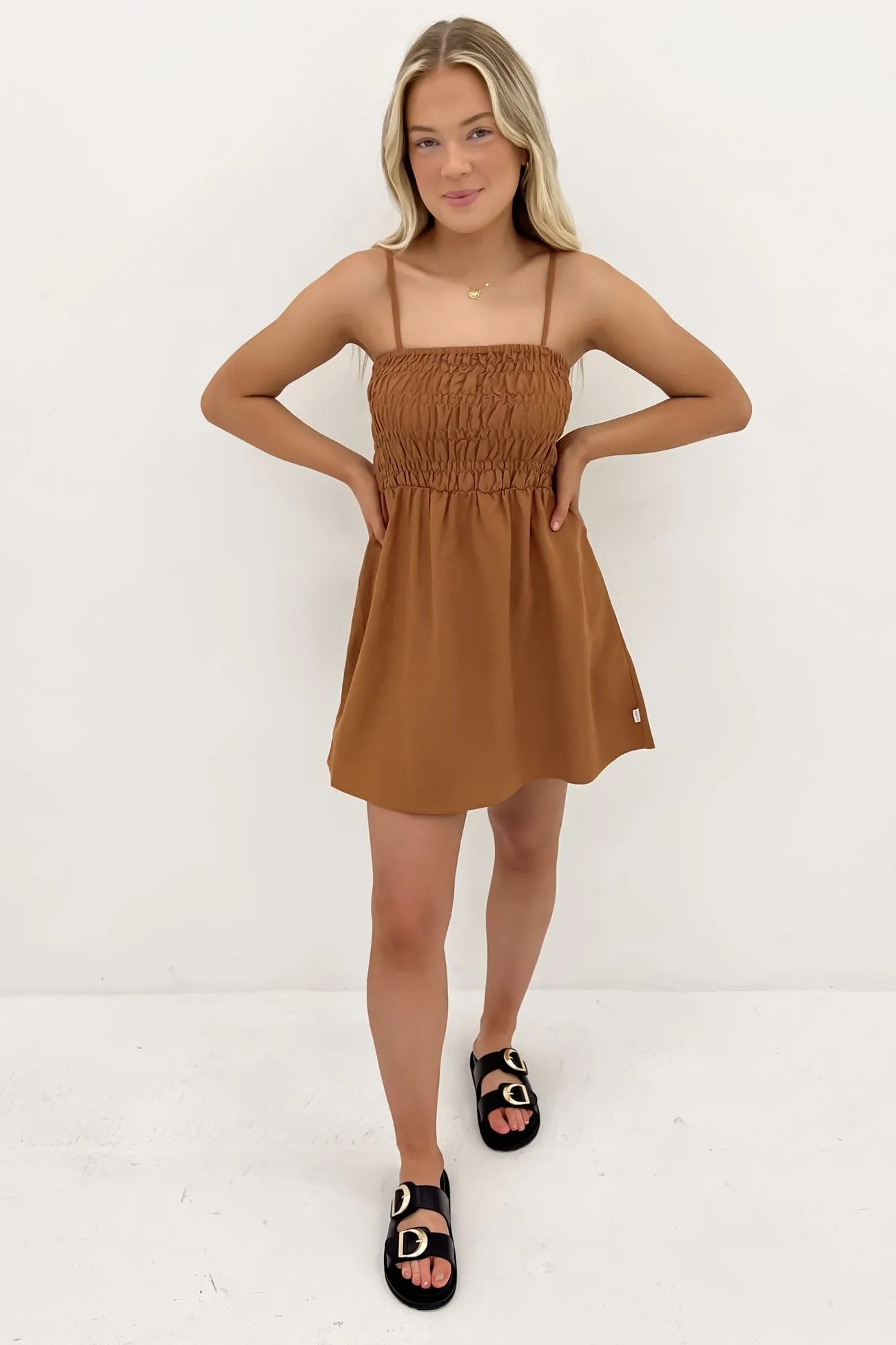 Classic Shirred Mini Dress Caramel Vibrant Design Modern Design
