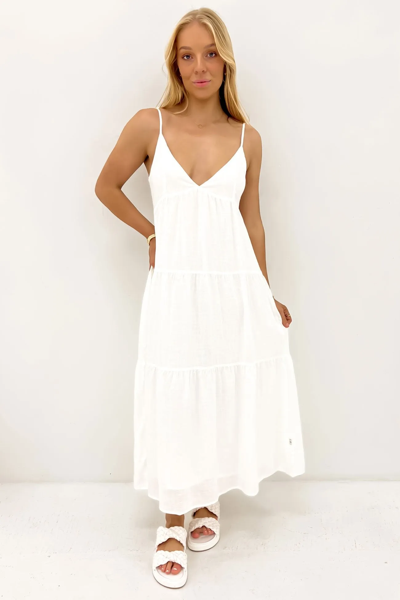 Classic Tiered Midi Dress White Casual Comfort