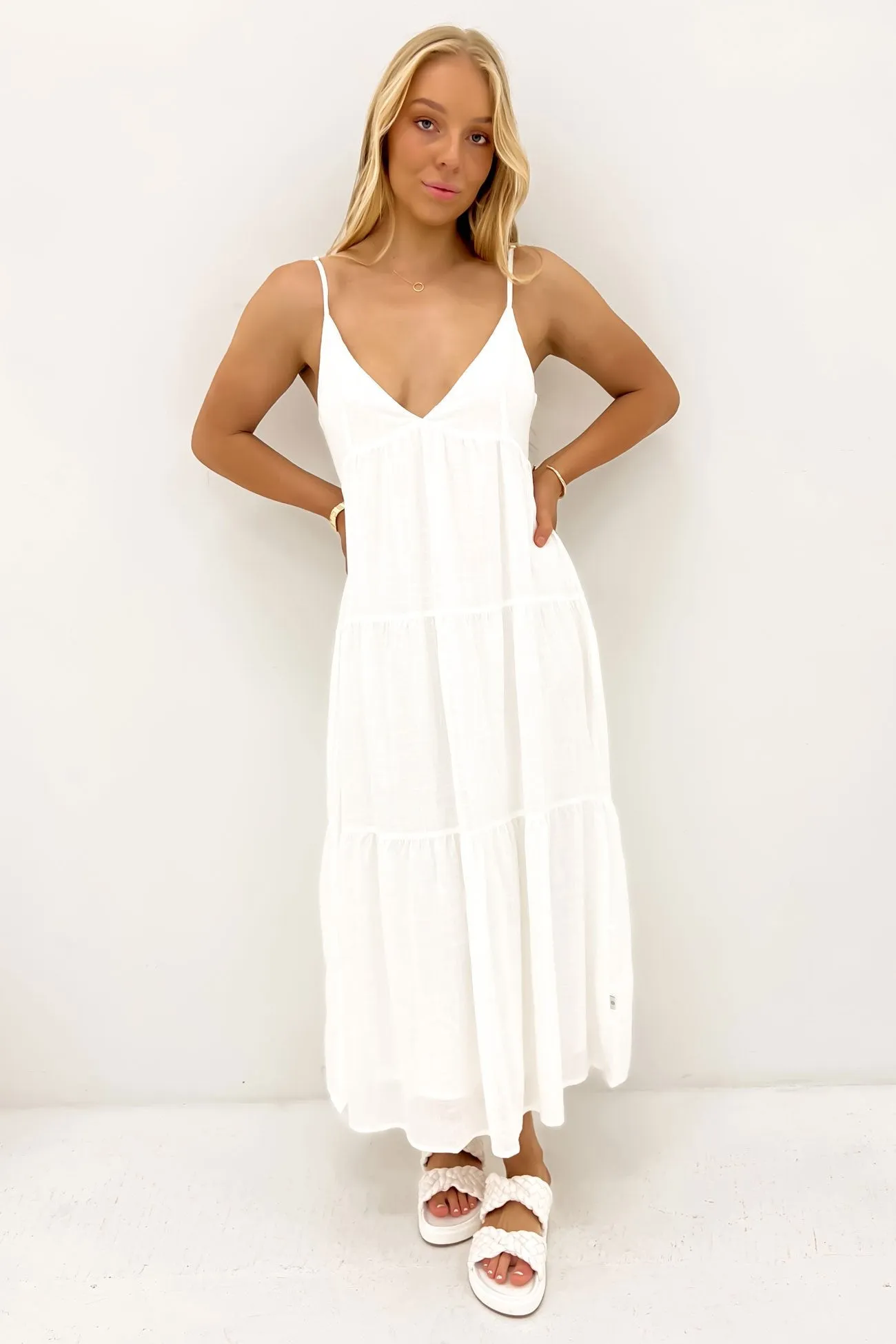 Classic Tiered Midi Dress White Winter Layer Outdoor Style