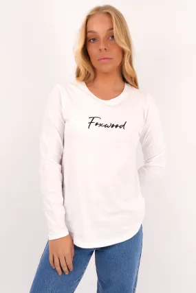 Striped Design Satin Signature Long Sleeve Tee White