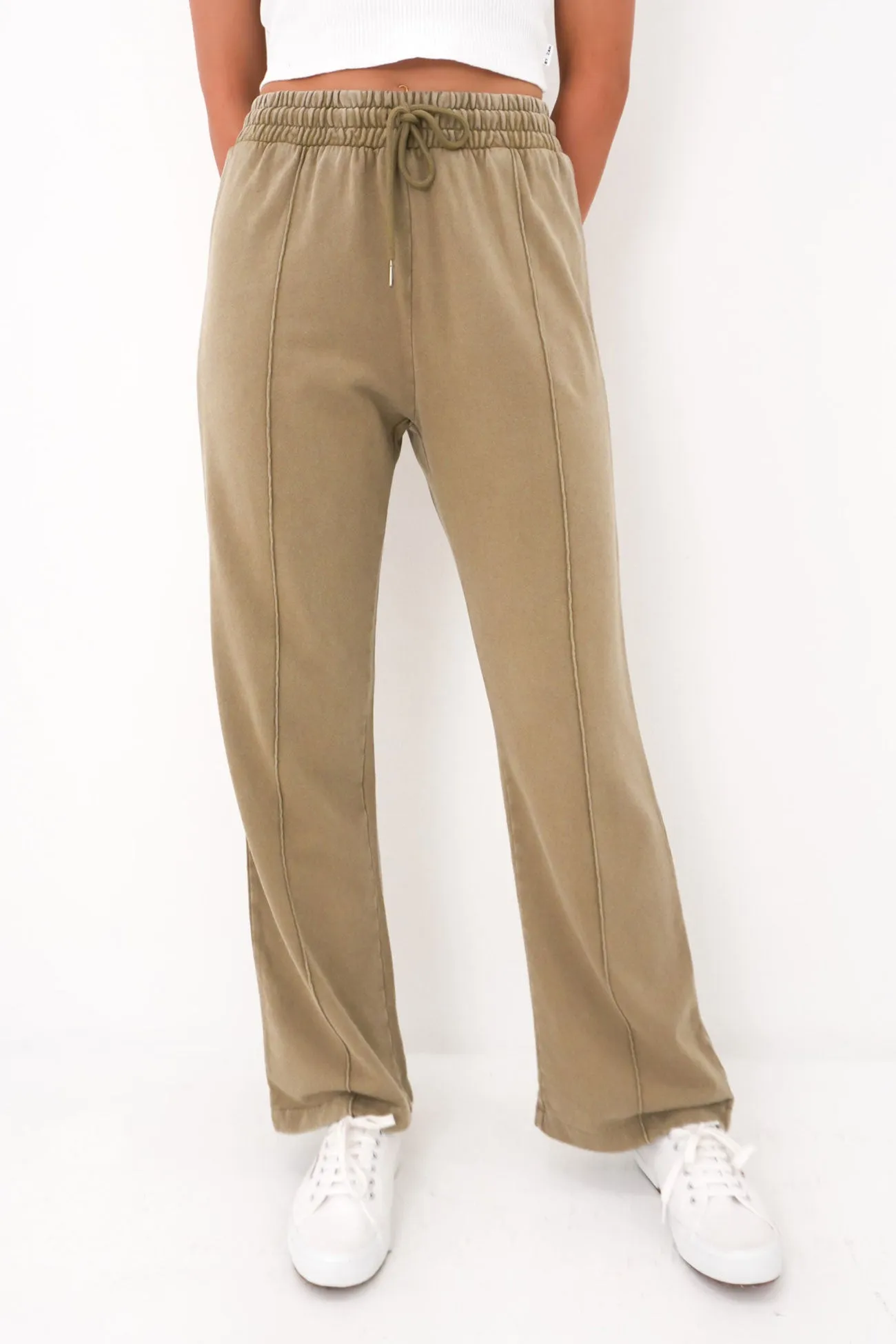 Nara Wide Leg Trackpant Olive Shape Retention