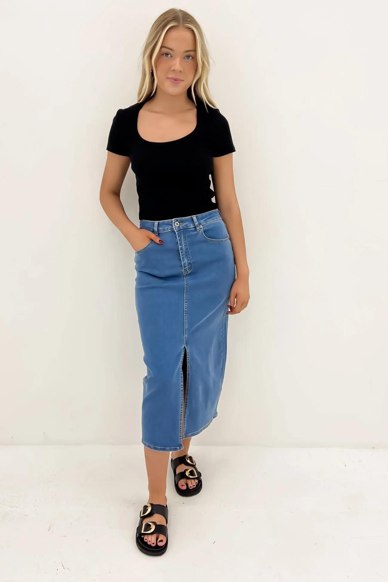 Fashion Detail Alivia Denim Midi Skirt Dark Blue