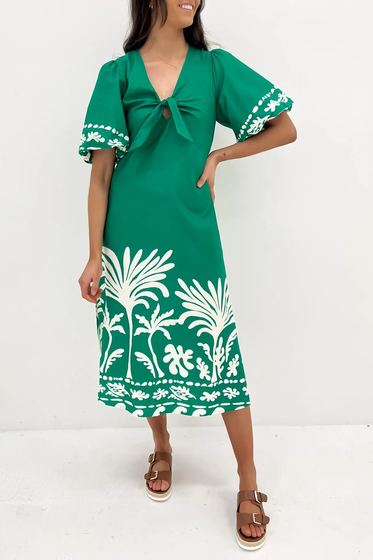 Drew Midi Dress Green White Sophisticated Style Soft Pleats