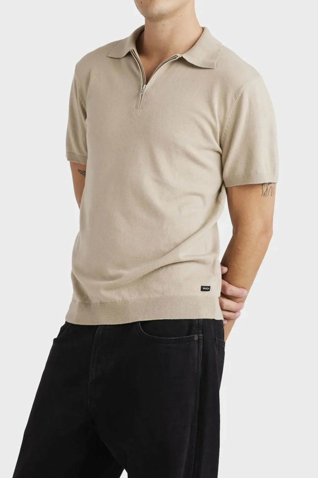 Pastel Shade Printed Pattern Quarter Zip Knit Light Khaki