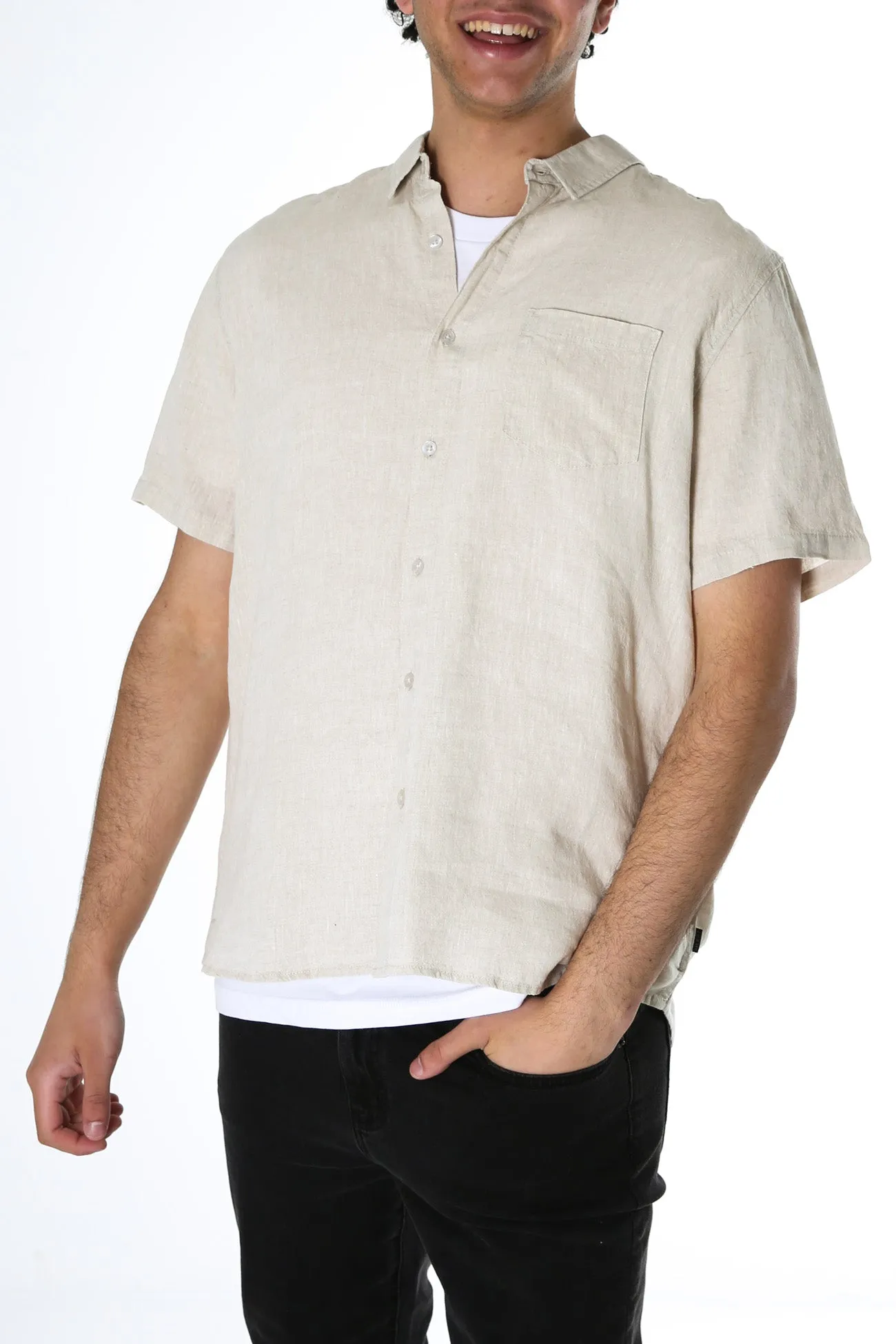 Abstract print Linen Short Sleeve Shirt Natural