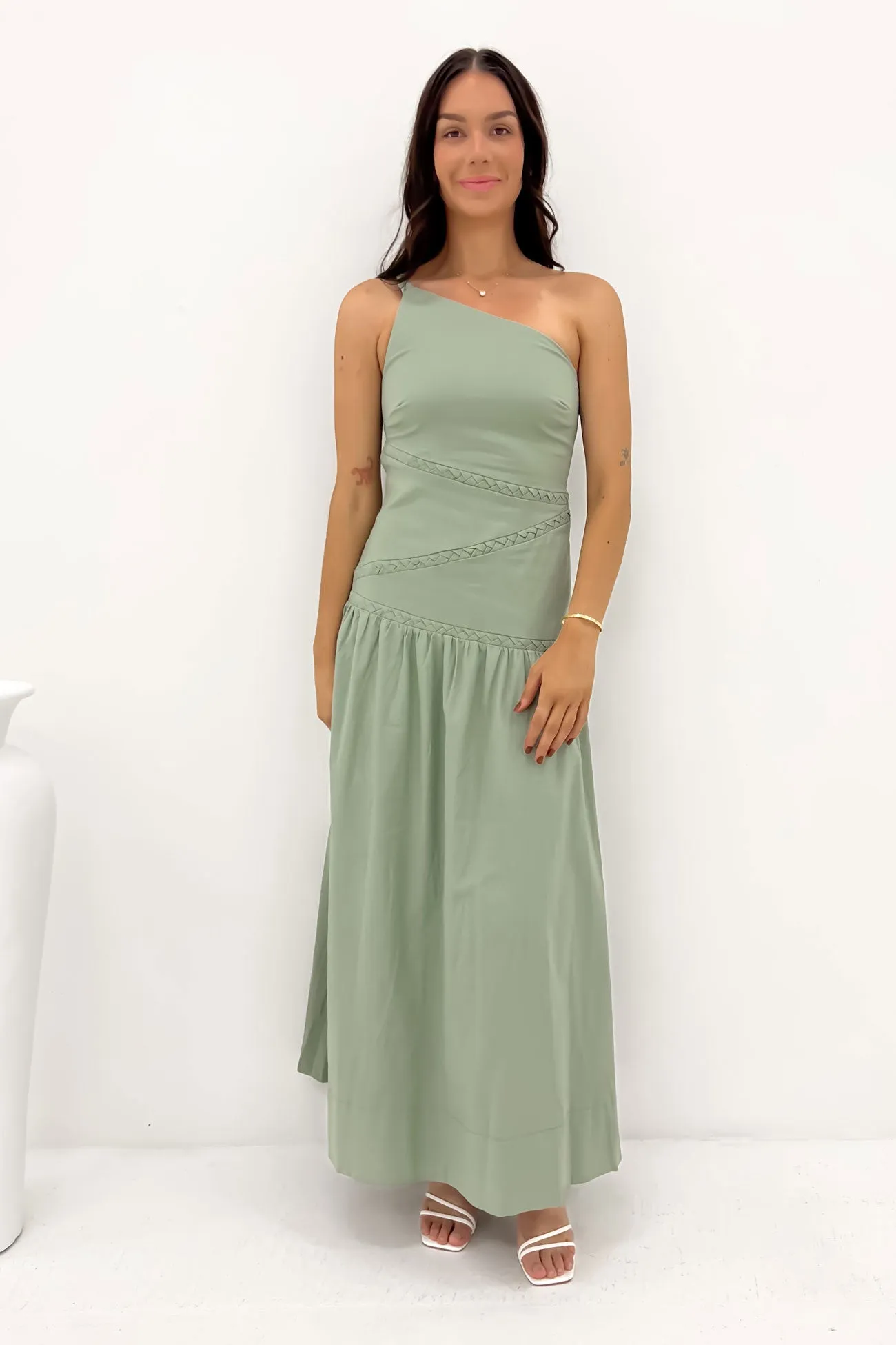 Satin-Sleeve Carwyn Maxi Dress Khaki