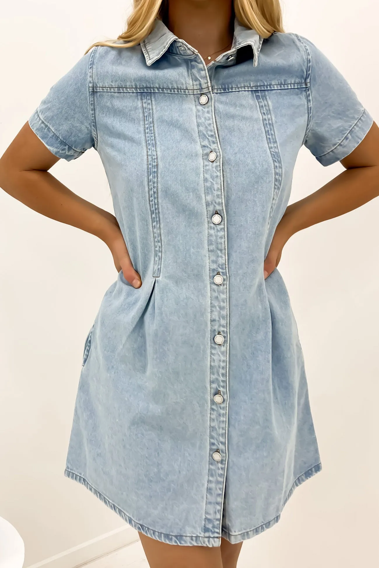 Corbin Denim Mini Dress Light Blue Elegant Vibe Tailored Wear