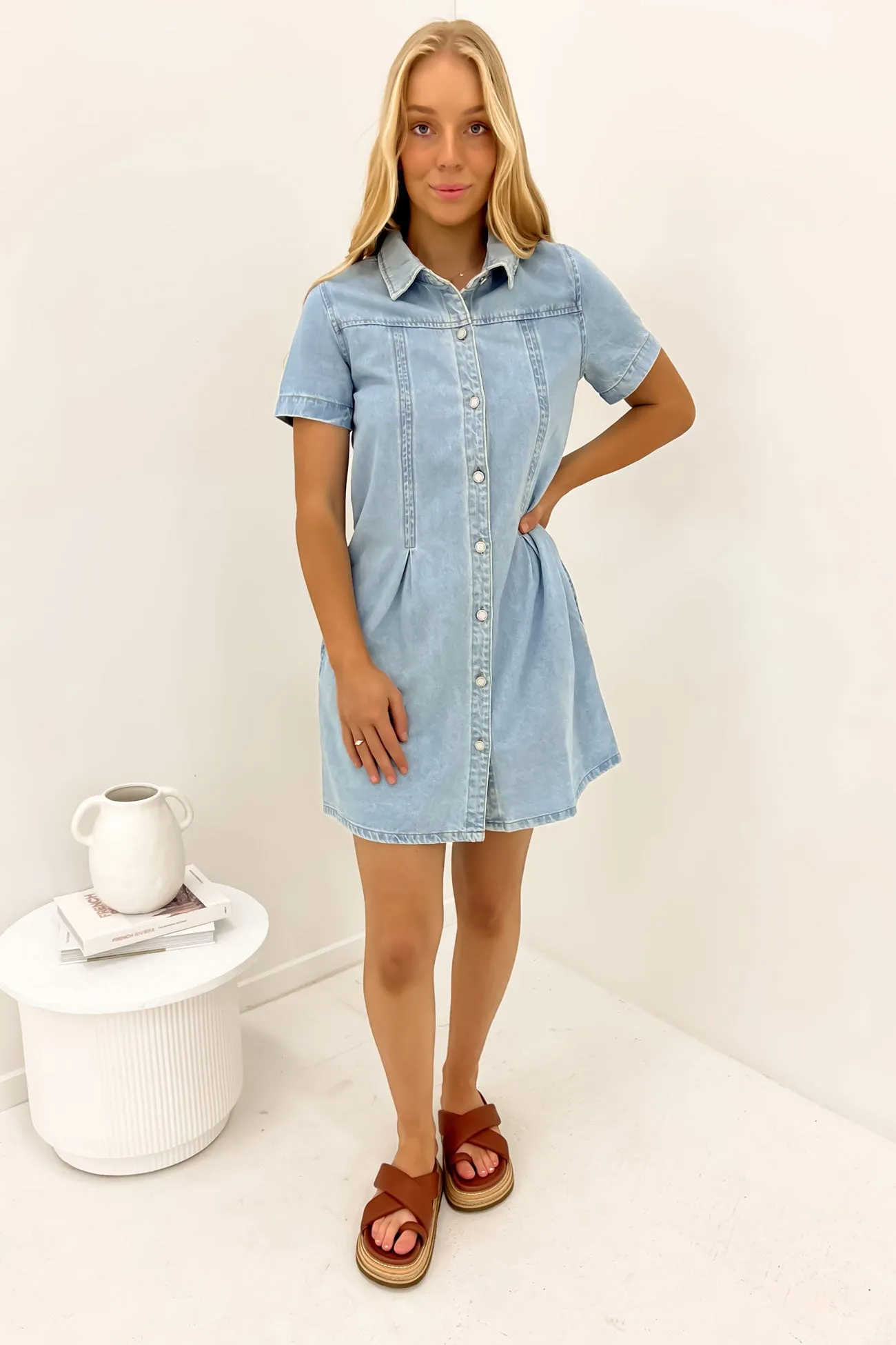 Corbin Denim Mini Dress Light Blue Balanced Lines