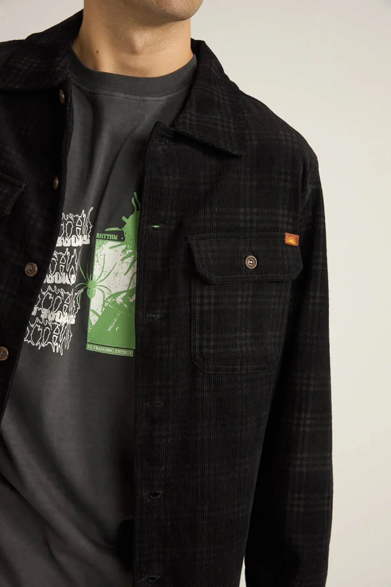 Lightweight Layer Cord Check Overshirt Black
