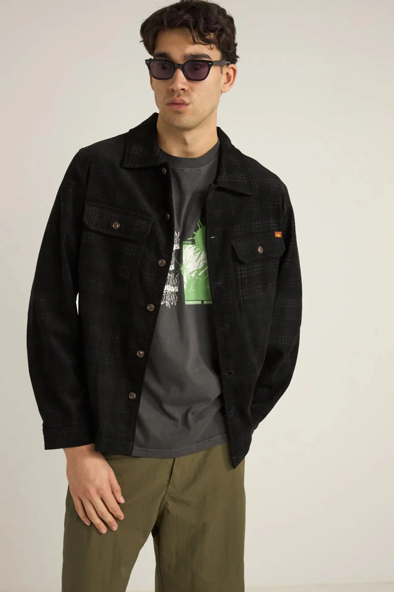 Non Bulky Profile Cord Check Overshirt Black