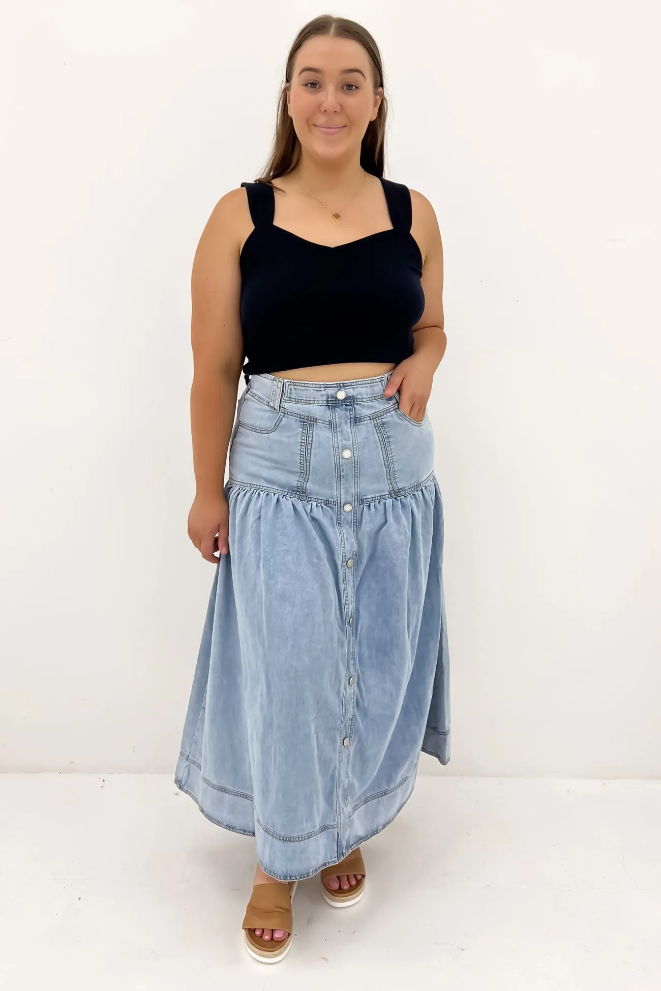 Corinne Midi Skirt Light Blue beaded embellishment