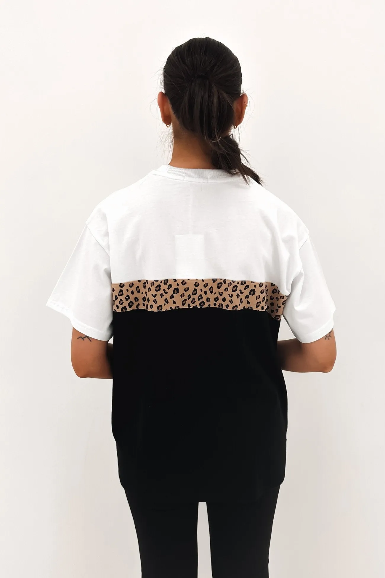Leopard Panel Up Tee Black Curved Hemline