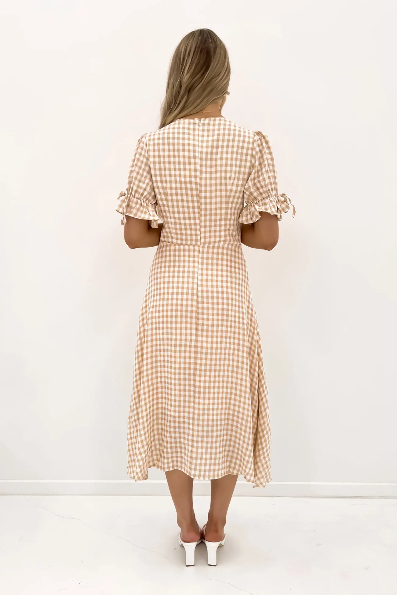 Aspyn Midi Dress Beige Check Panelled-Design Glossy Detail
