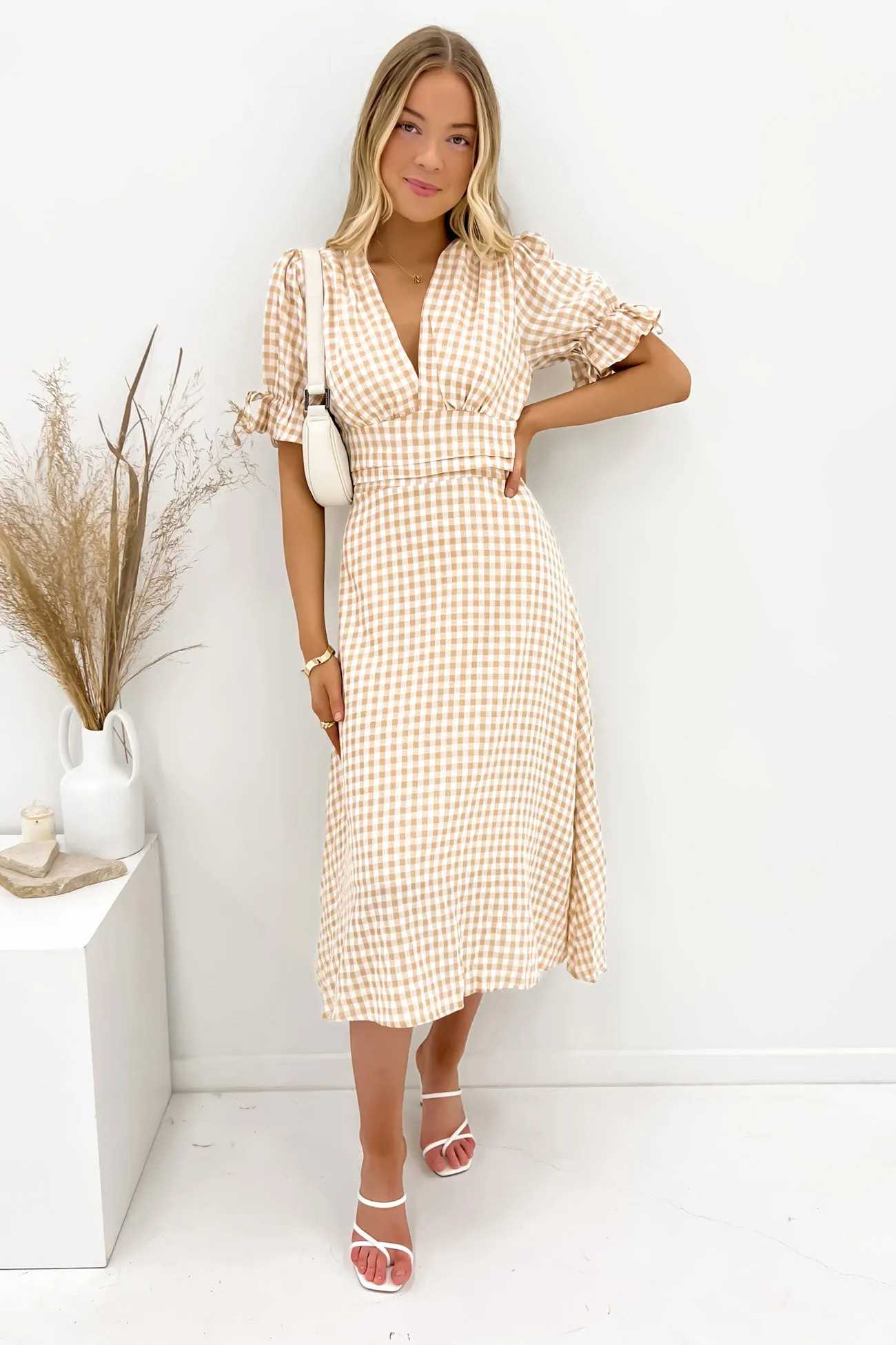 Aspyn Midi Dress Beige Check Classic and Modern
