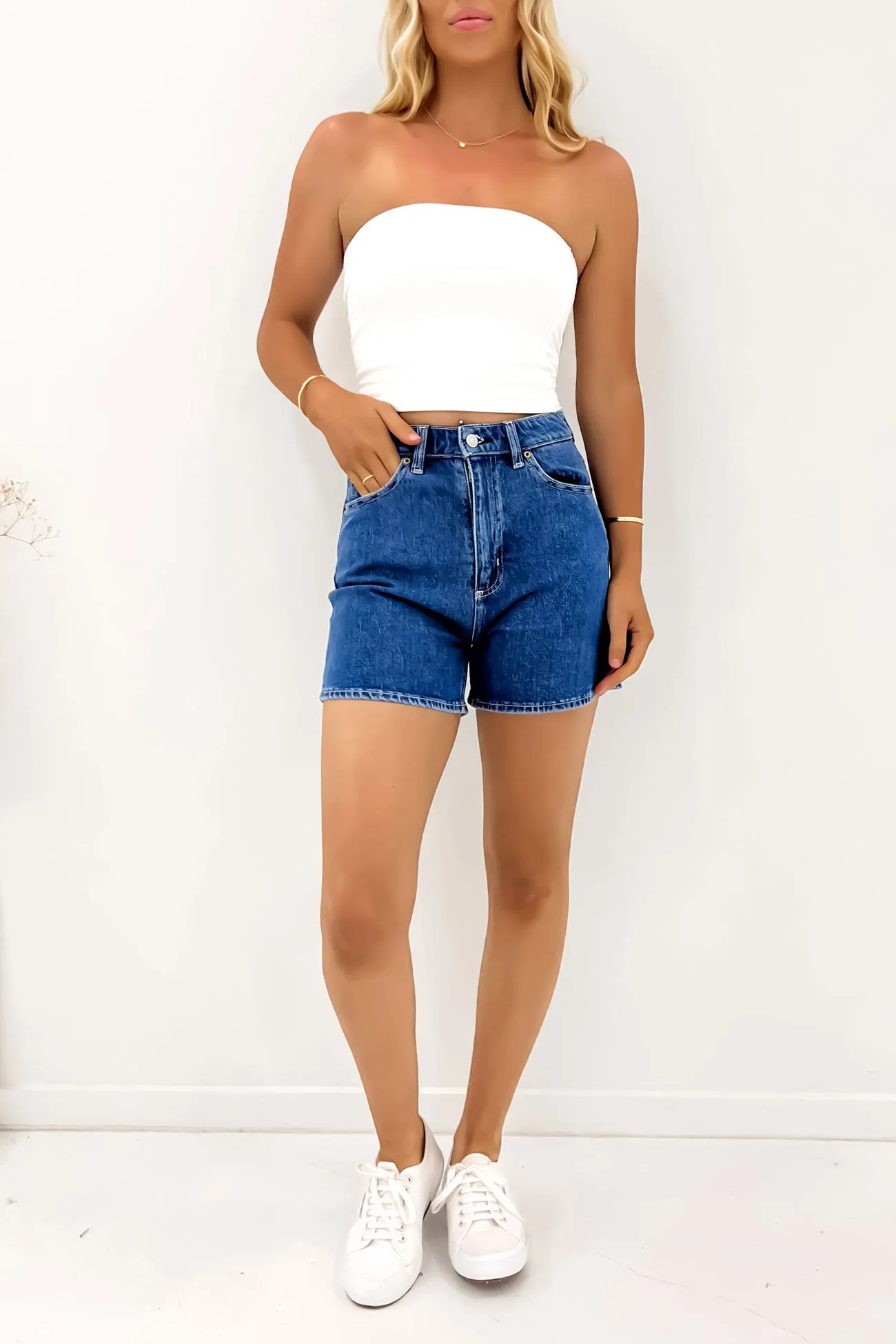 Stylish Comfort Day Out High Mom Short Blue Stone