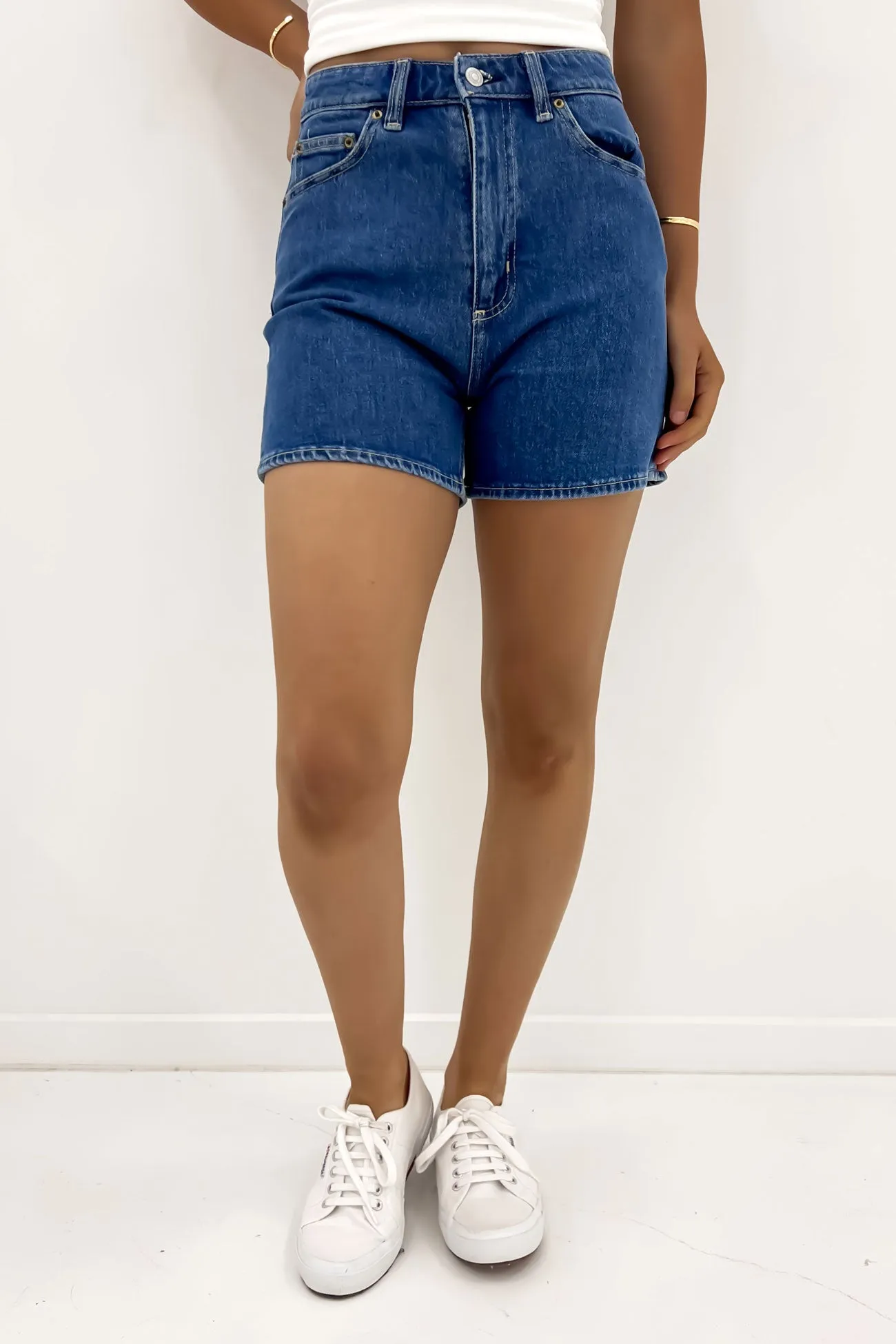 Travel Fit High Mom Short Blue Stone