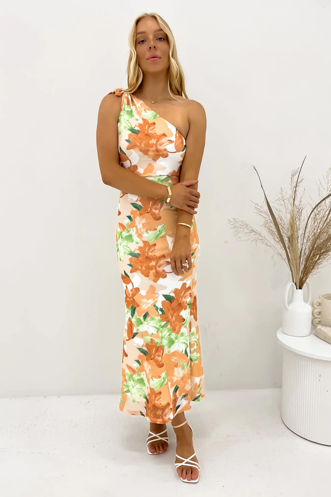 Maggie Midi Dress Orange Lillies Beadwork Classic Appeal