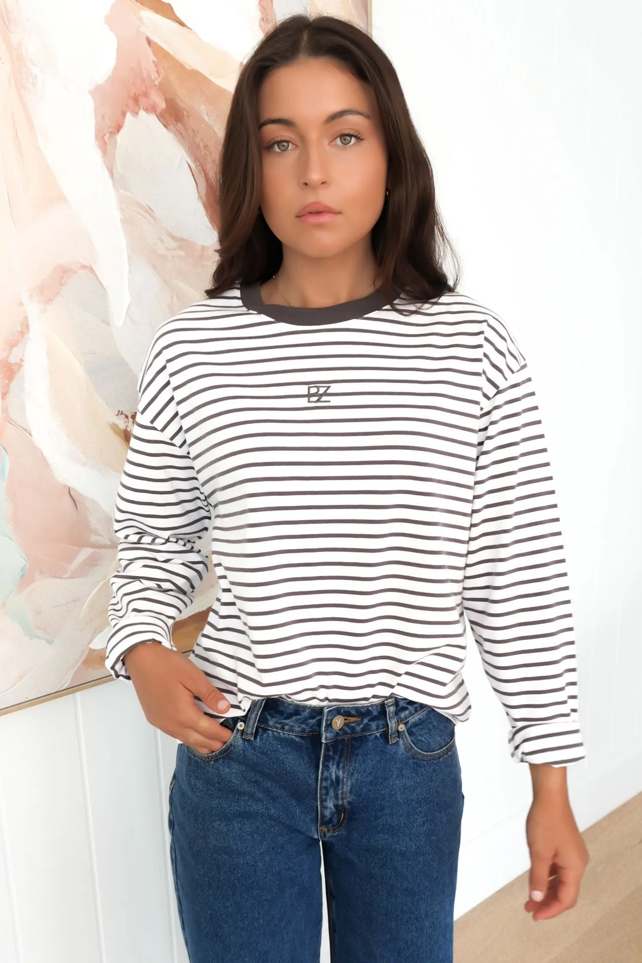 Taylor Stripe Long Sleeve Tee White Charcoal Glossy Look easy - care