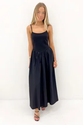 Travel Style ContrastStitching Barton Midi Dress Black