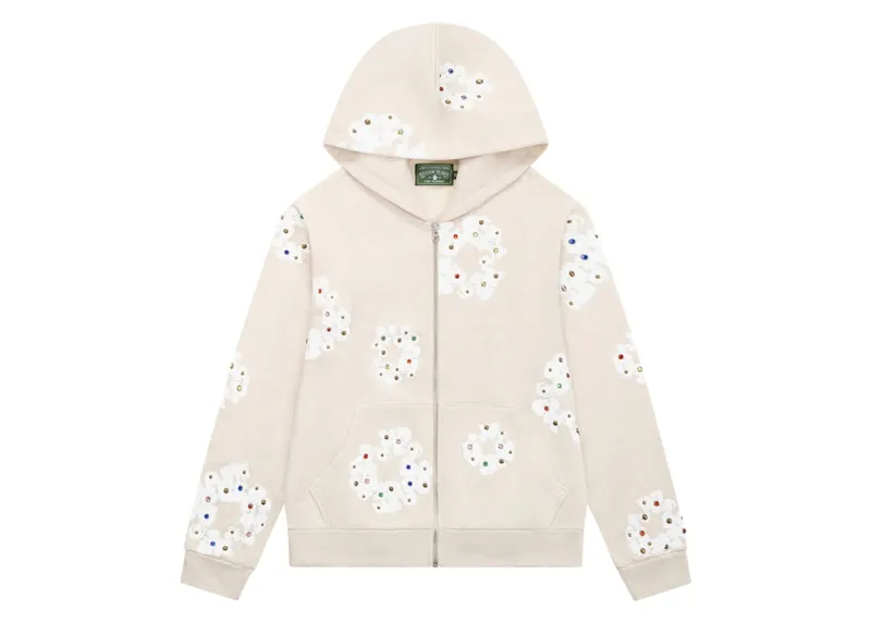 Denim Tears Rhinestone Cotton Wreath Zip Hoodie Oatmeal Detachable parts Matte Finish