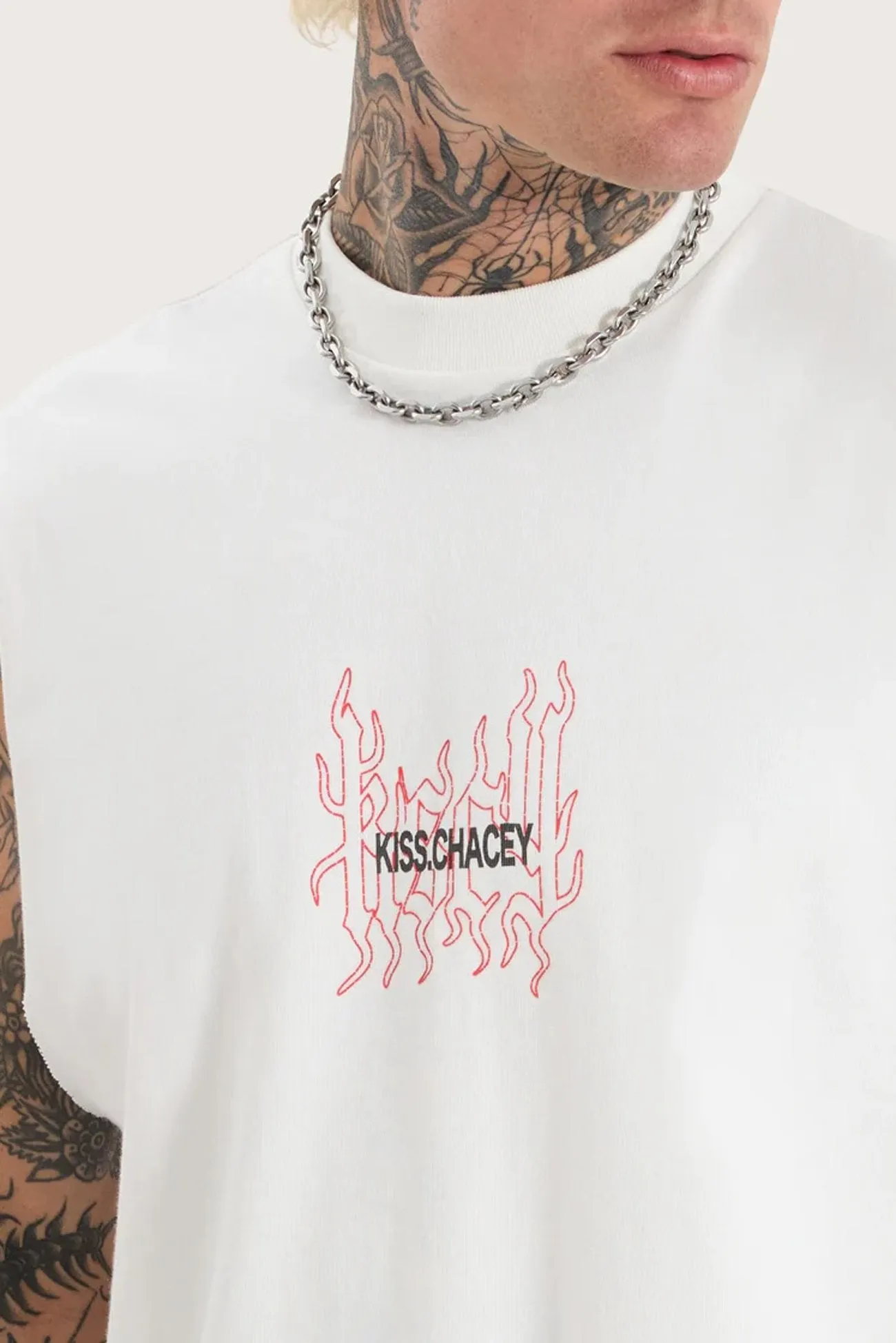 Drop Shoulder Cut Destructed Street Muscle Natural White