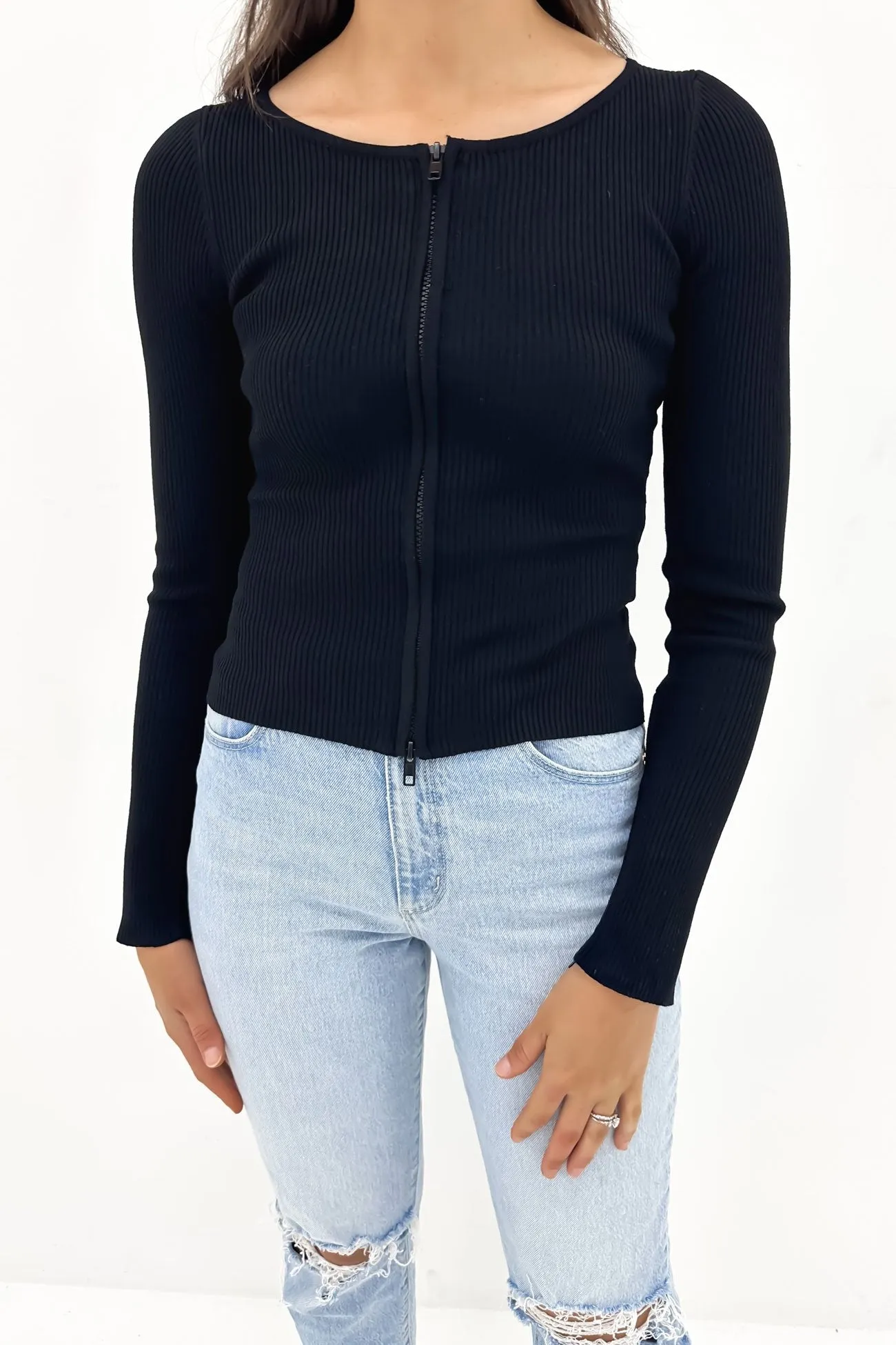 Party Autumn Wear Dilon Ribbed Long Sleeve Top Black