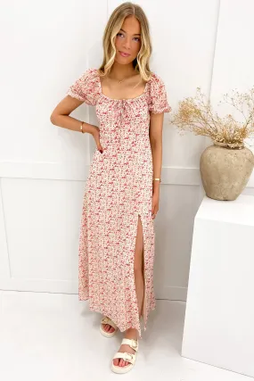 High Neck Neutral Layer Donna Midi Dress Red Mitsy