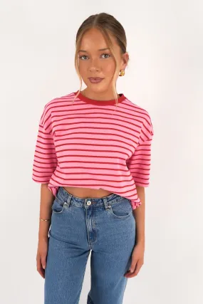 SeamlessSidePanels V neck style Zora Tee Pink Stripe