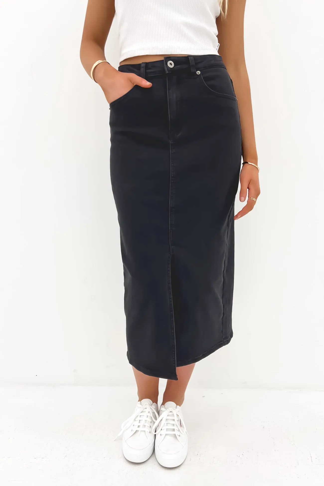 Bold Edge Fashion Combo Alivia Denim Midi Skirt Wash Black