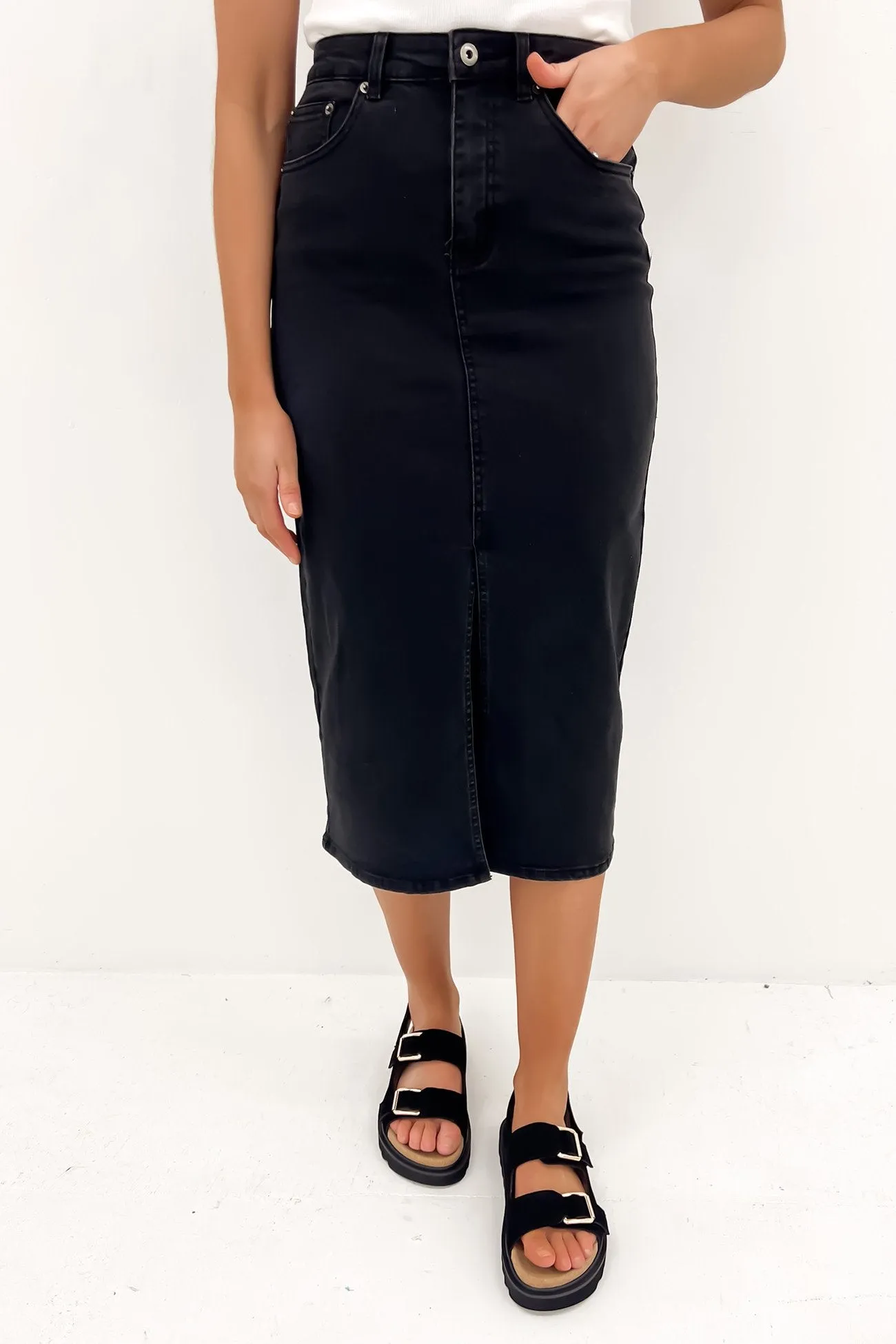 Unisex style Alivia Denim Midi Skirt Wash Black
