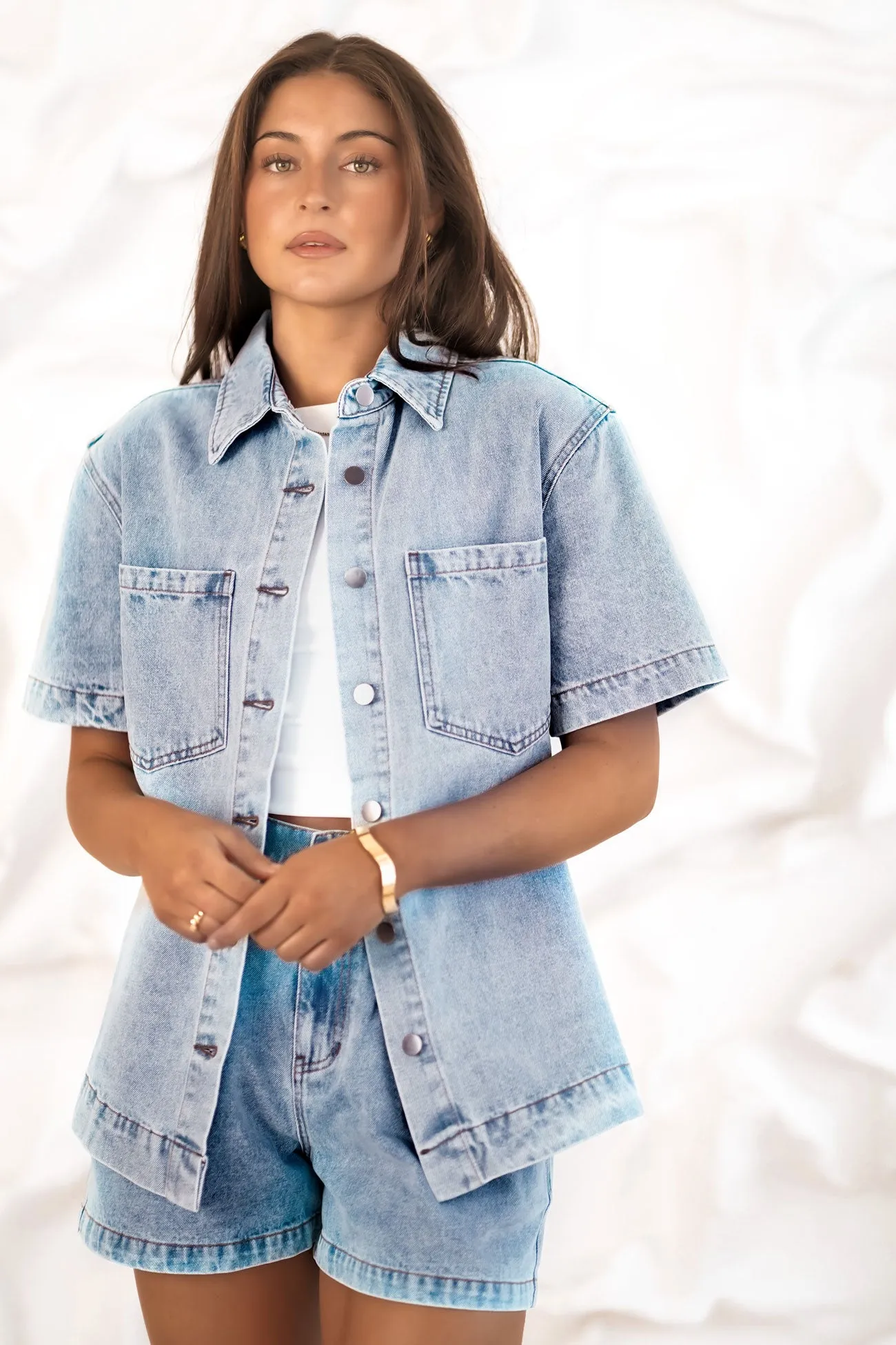 First Date Midweight Textile Tatum Denim Shirt Clear Water Blue