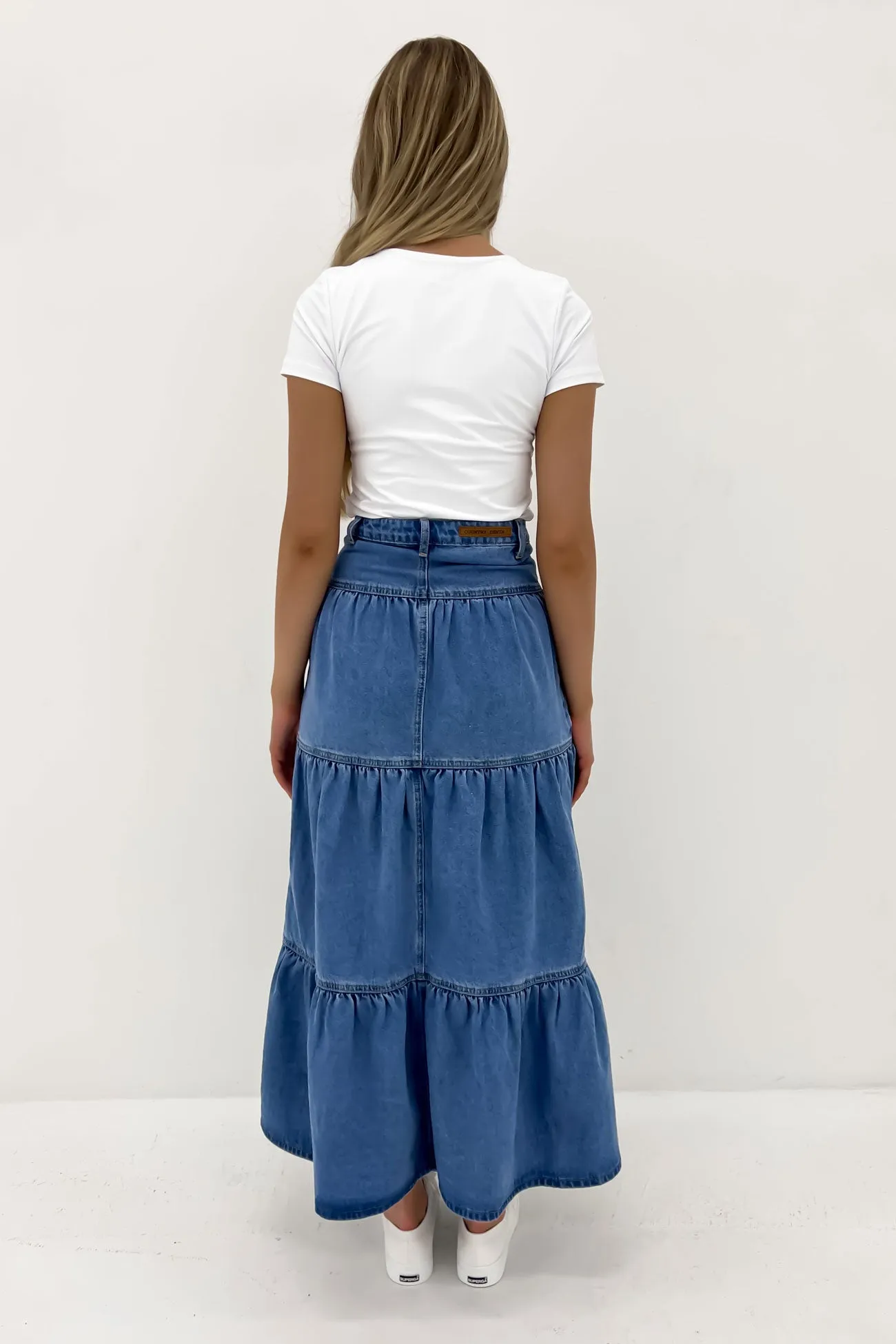 Fade Resistant Cloth Leela Denim Midi Skirt Mid Blue