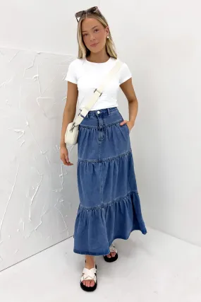 Warm Insulation Double Layered Design Leela Denim Midi Skirt Mid Blue