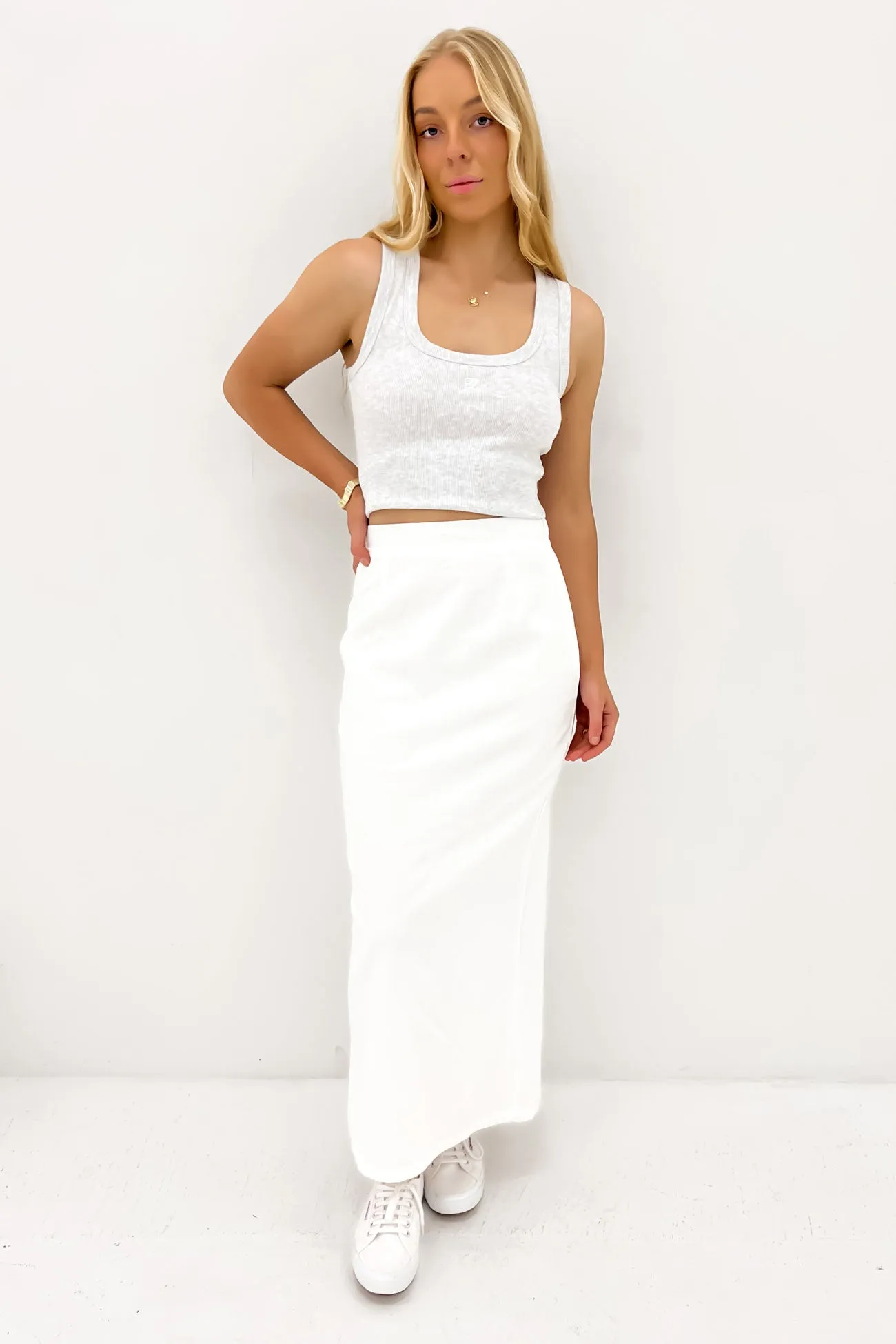 Elasticized Cuff Zelinda Midi Skirt White