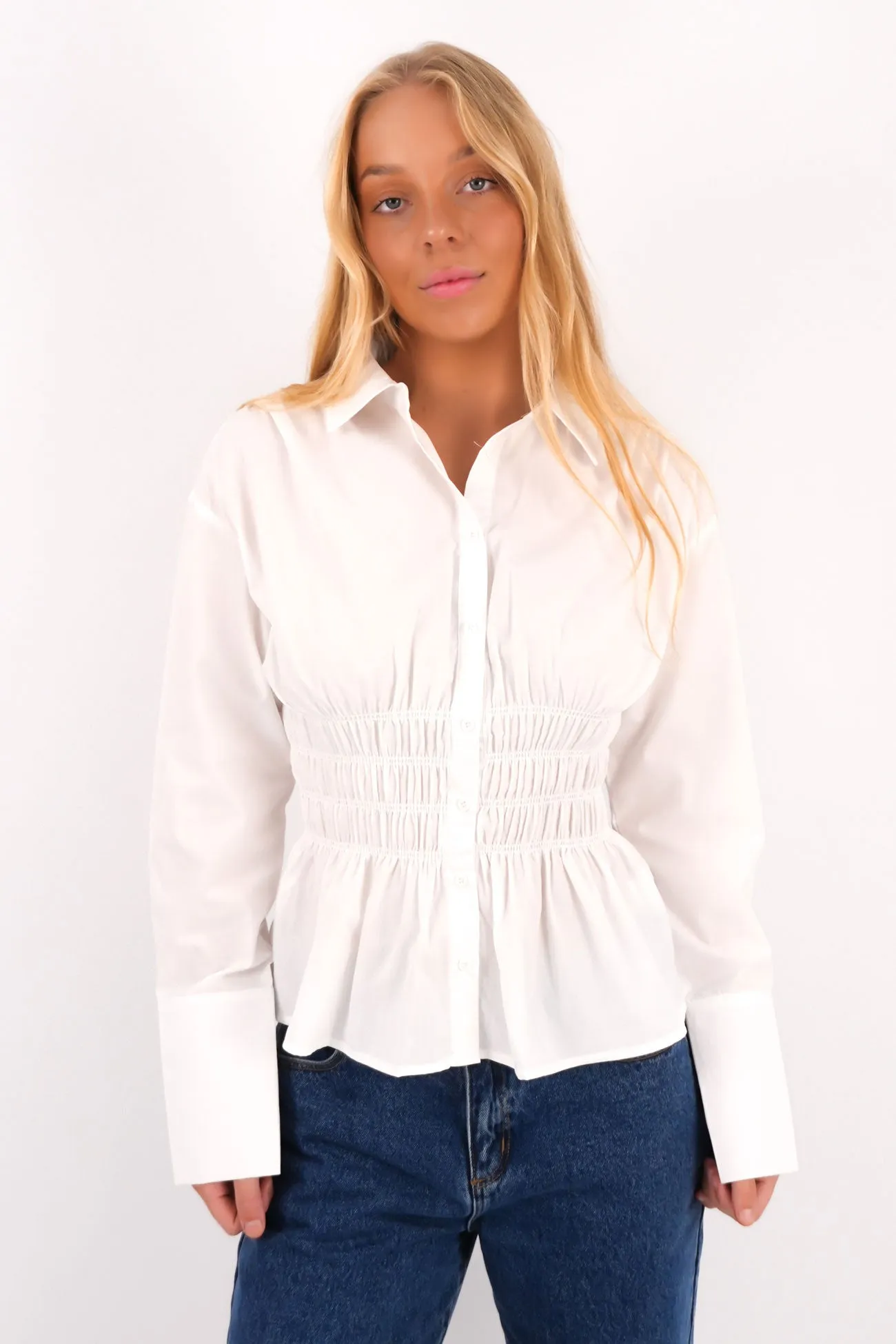 Elain Long Sleeve Shirt White Structured Collar Plus Size Fit