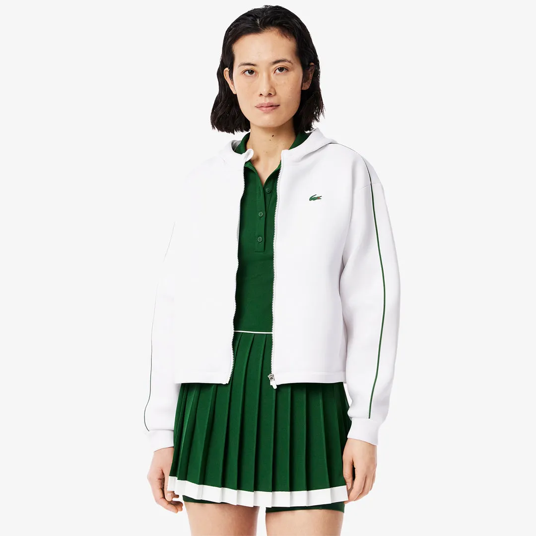 Elastic Ankles Lacoste Women's Ultra Dry Hoodie - White/Green Silk Debossed Design